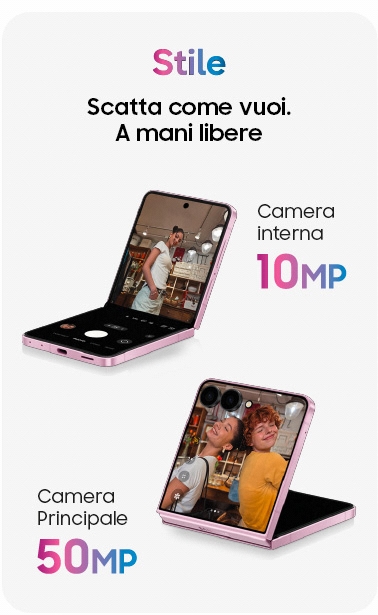 Vengono mostrate le due fotocamere dello smartphone Galaxy Z Flip8: quella interna da 10MP e quella principale da 50MP. Lo smartphone viene utilizzato in modalità FlexCam per poter scattare foto anche a mani libere.